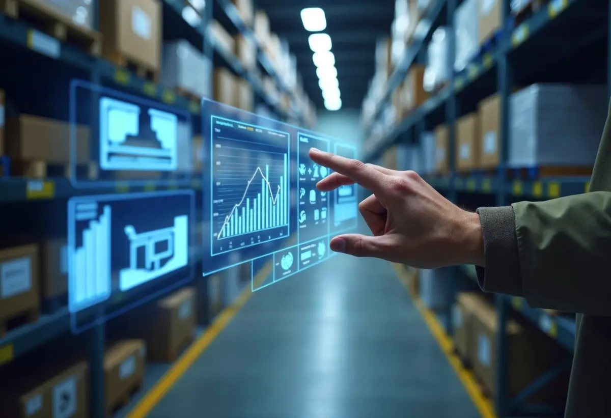 A hand interacts with holographic data displays showing graphs and logistics insights in a modern warehouse filled with boxes.