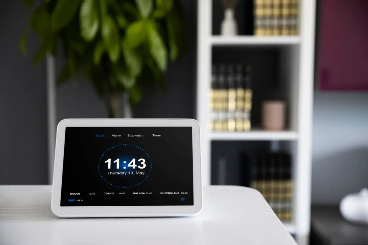 A digital clock displaying 11:43 on Thursday, May 19, set against a modern background with bookshelves and a potted plant.