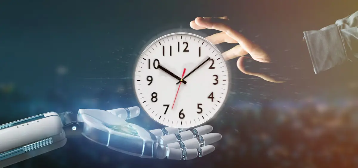 A robotic hand and a human hand reach towards a clock, symbolizing the intersection of technology and time.
