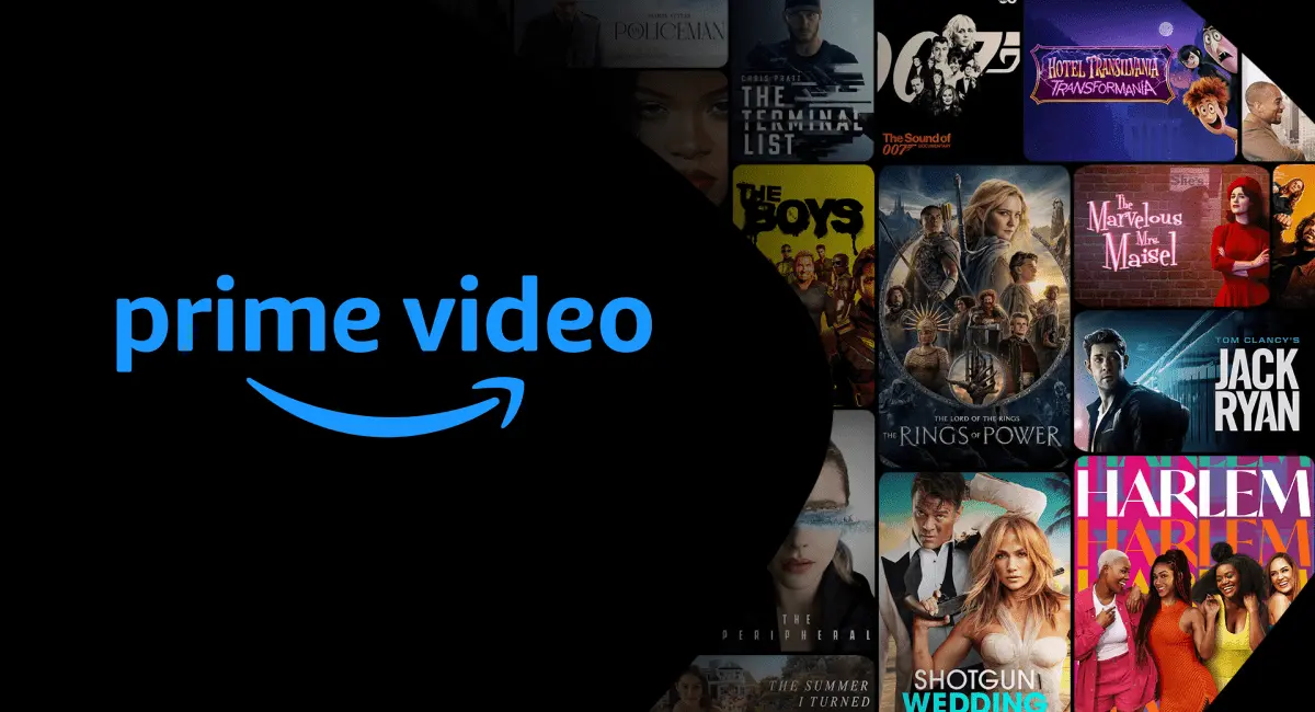 The image features the Prime Video logo prominently, surrounded by various movie and show posters.