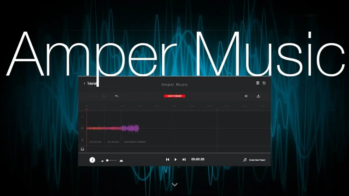 The interface of Amper Music displays a music editing timeline with sound waves and a prominent title in the background.