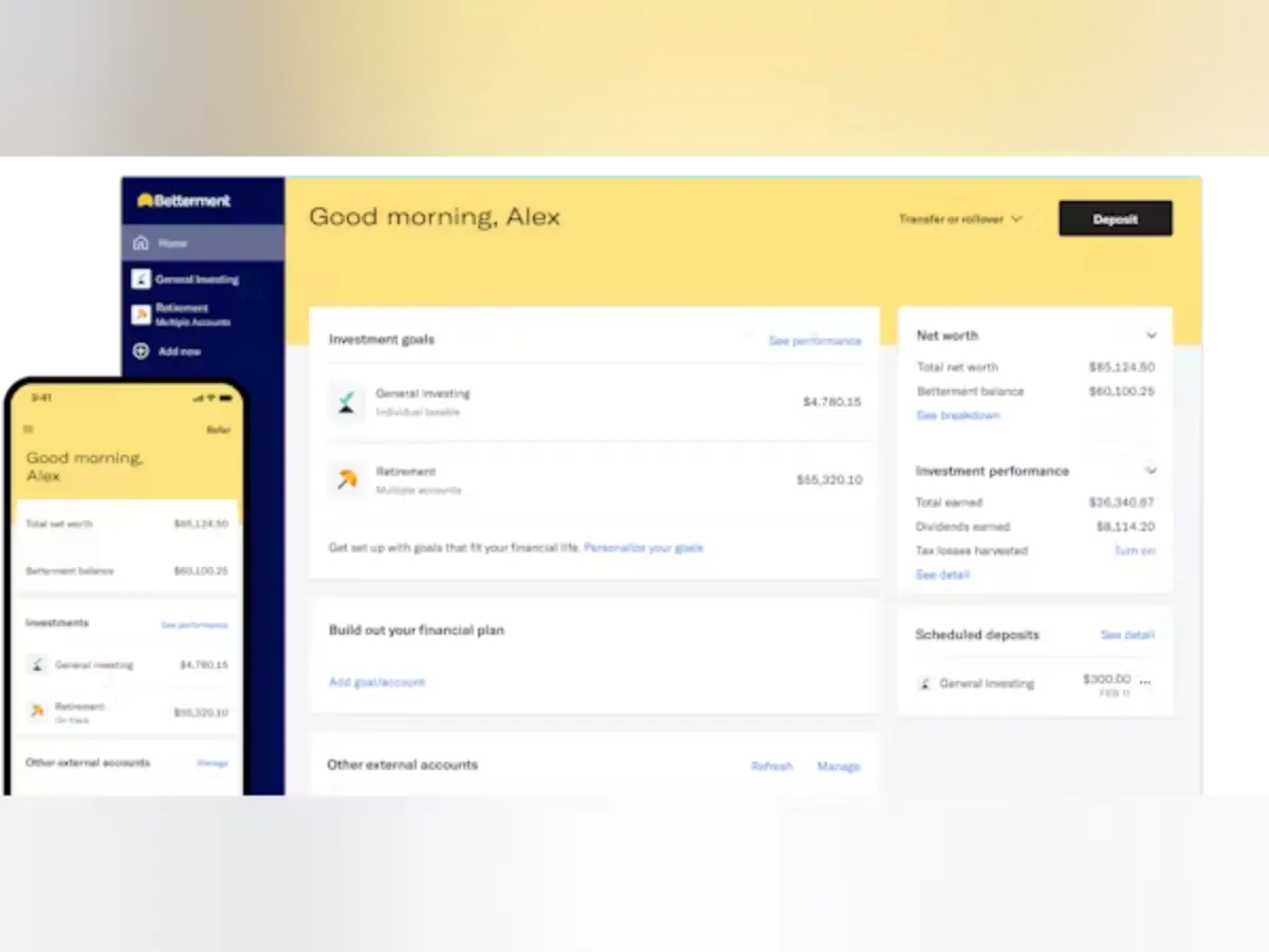 Screenshot of Betterment app showing a user's financial summary, including net worth, investment performance, and scheduled deposits.