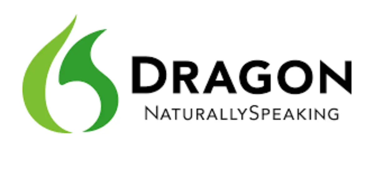 Logo of Dragon NaturallySpeaking featuring a stylized green dragon silhouette alongside the brand name in bold black font.