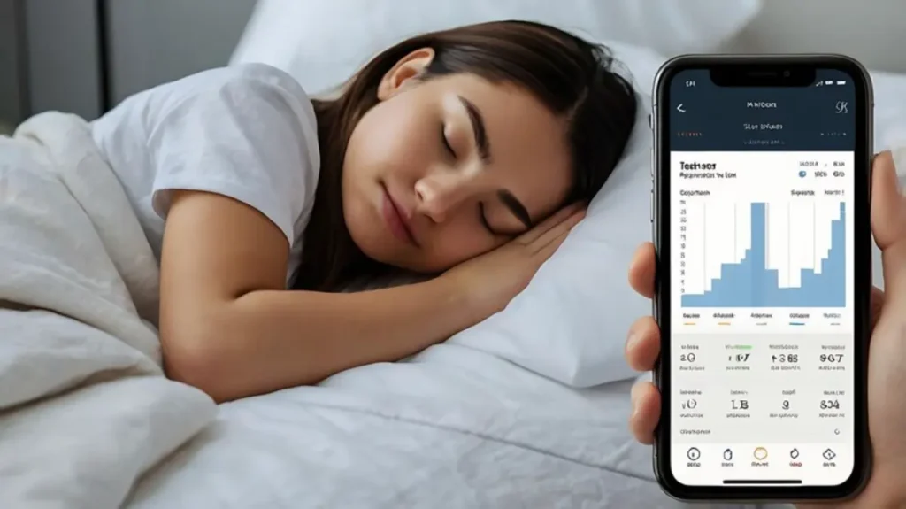 A hand holds a smartphone displaying a health app with graphs, while a person lays comfortably in bed.