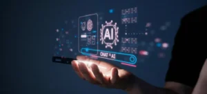 A hand holds a smartphone displaying holographic AI chat options and data, symbolizing advanced technology and communication.