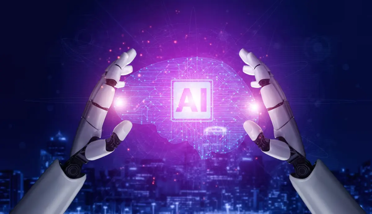 A robotic hand holds a glowing AI brain icon, symbolizing advanced technology against a futuristic city backdrop.