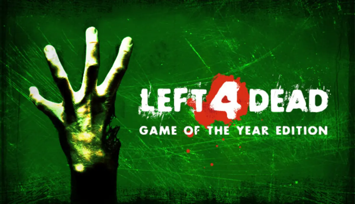 A zombie hand reaches up against a dark green background, promoting Left 4 Dead: Game of the Year Edition.