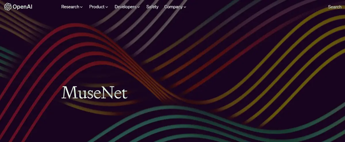 A dark background with colorful wavy lines, featuring MuseNet prominently, representing OpenAI's music generation tool.