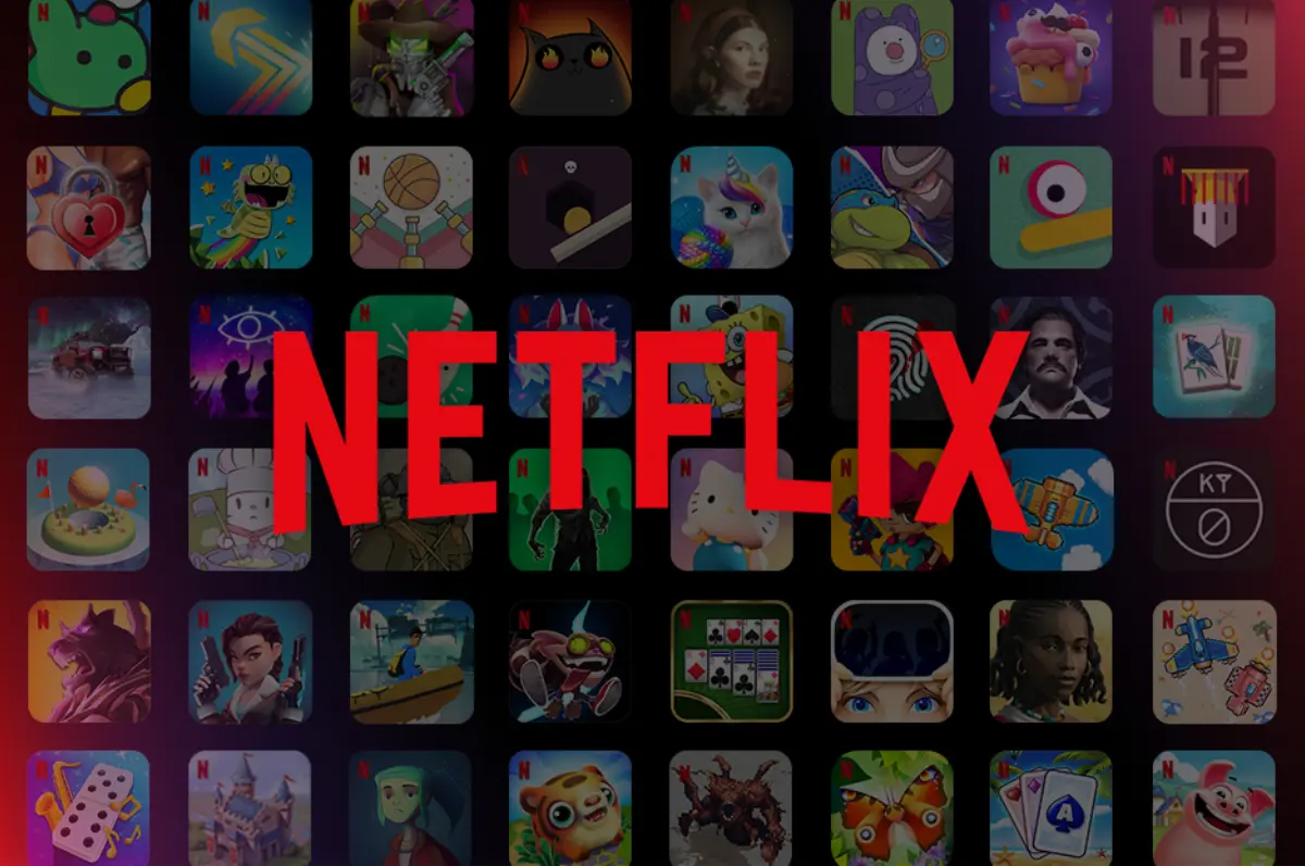 A collage of Netflix game icons, featuring diverse characters and themes, with the bold word NETFLIX prominently displayed in red.