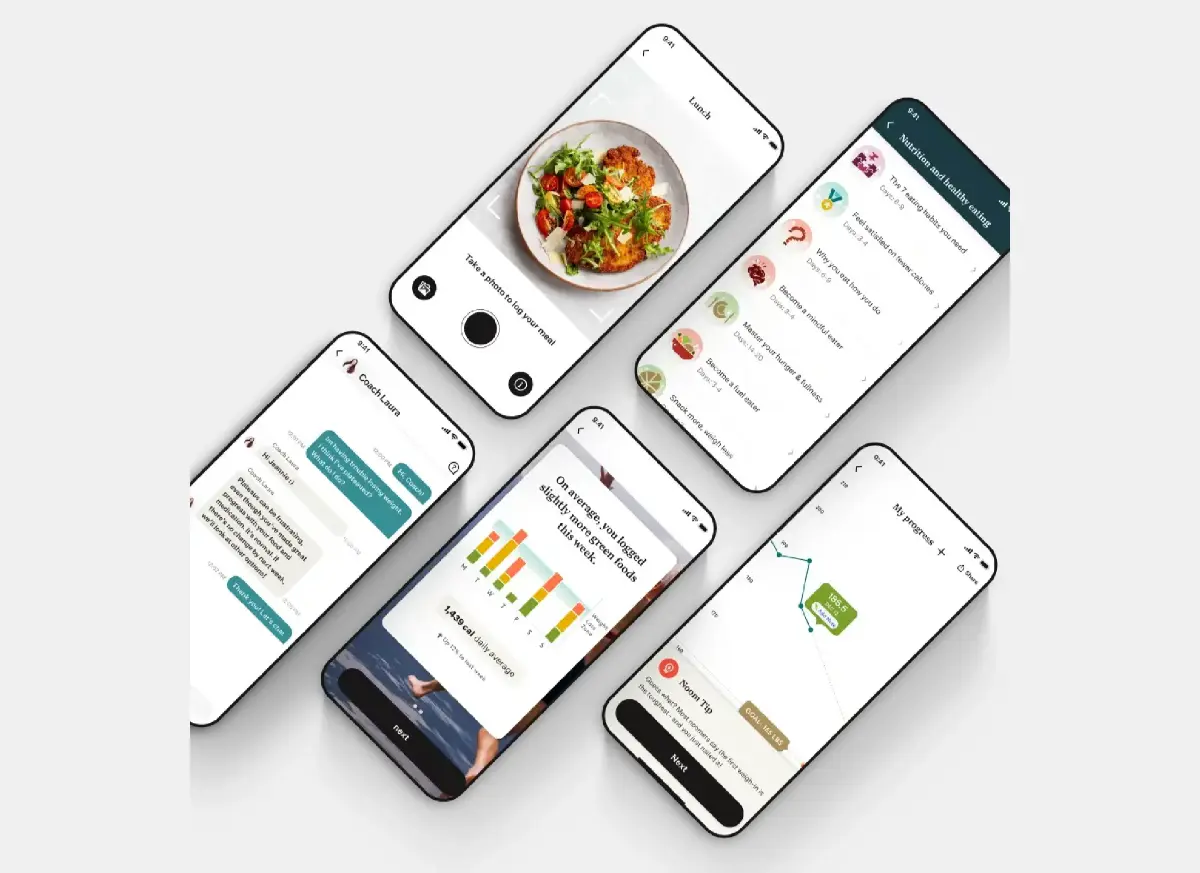 Five smartphone screens display a nutrition app's meal logging, chat features, stats, tips, and progress tracking sections.