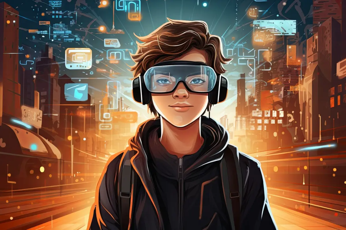 A young person in headphones stands against a vibrant cityscape filled with digital elements and futuristic lighting.