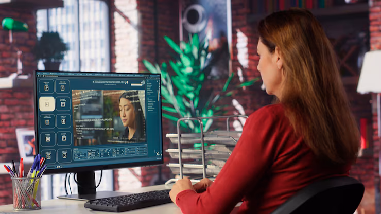 woman working on laptop using AI tools