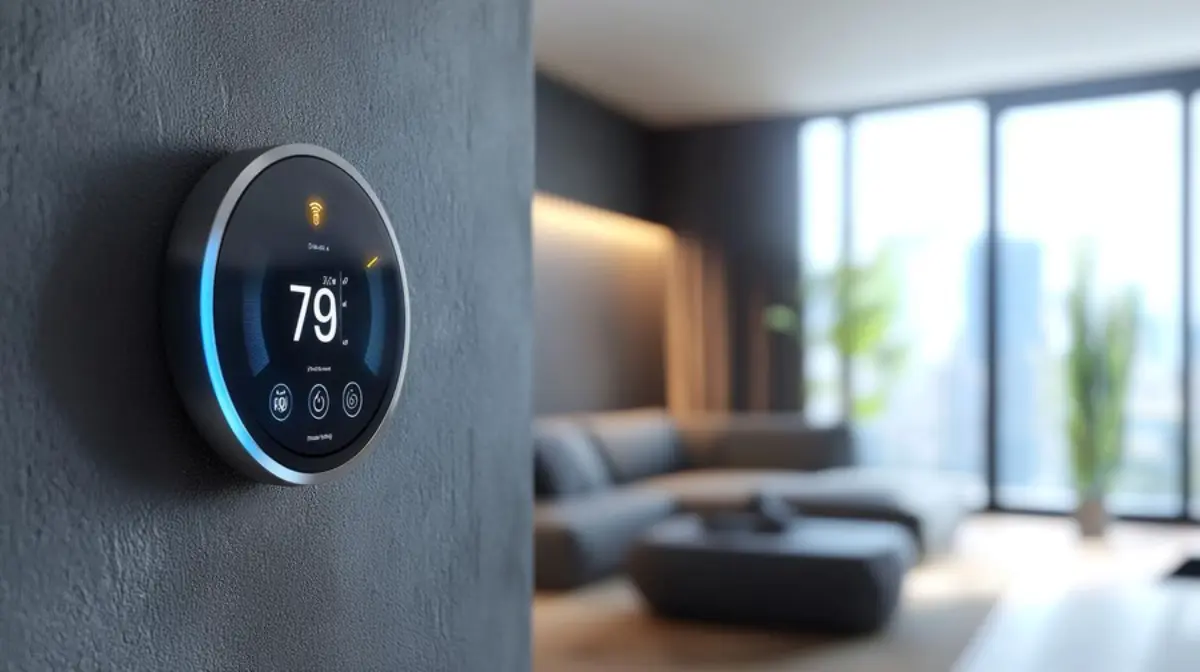 Modern smart thermostat displaying a temperature of 79°F, mounted on a textured wall in a stylish living room.
