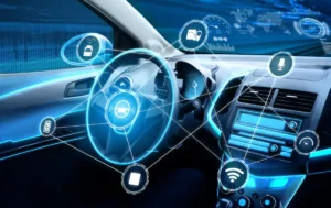 Futuristic car interior featuring interactive technology icons, representing connectivity, navigation, and driver assistance systems.