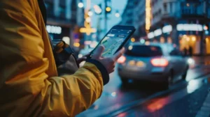 A person in a yellow jacket checks a map on a tablet while standing on a city street at dusk, with cars and lights in the background.