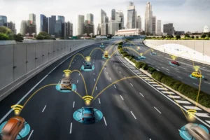 Aerial view of a smart highway with connected cars, displaying communication signals amid a modern city skyline.