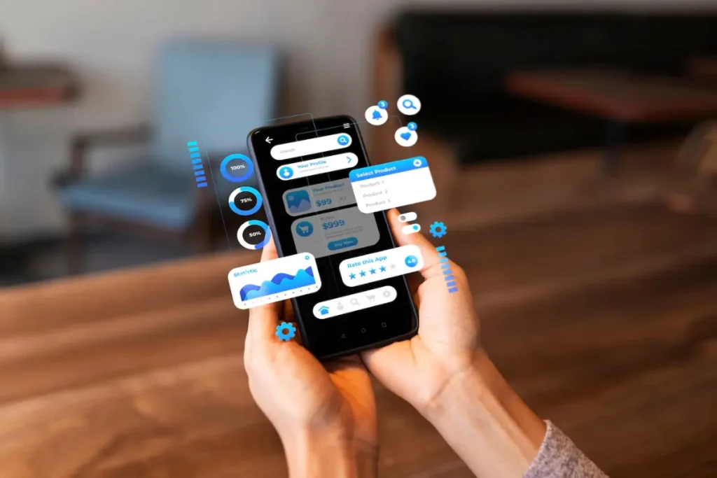 Drag and drop to replace the image, or click to upload a new oneUploaded A person holds a smartphone displaying an app interface with product statistics, ratings, and selections in a cozy setting.