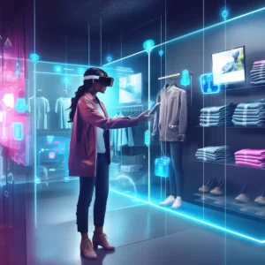 A person wearing a virtual reality headset interacts with holographic clothing and accessories in a digital fashion store.
