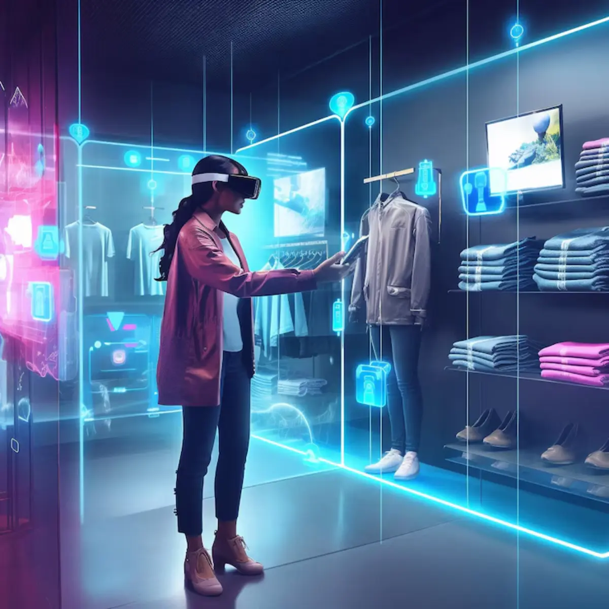 A person wearing a virtual reality headset interacts with holographic clothing and accessories in a digital fashion store.