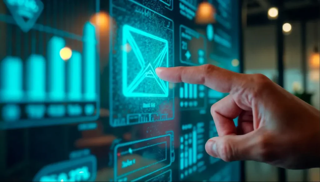A hand interacts with a glowing touchscreen interface displaying data visualizations and statistics.