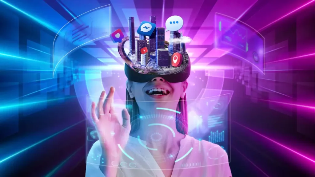 A futuristic scene featuring a person interacting with holographic images and social media icons in vibrant blue and purple lighting.