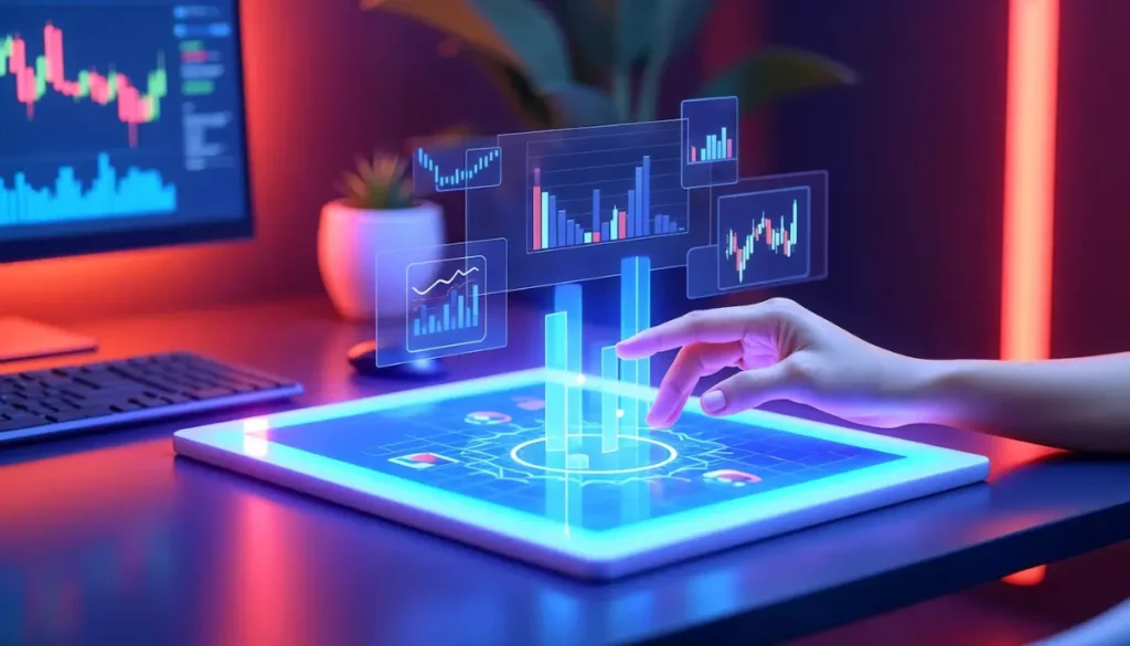 A hand interacts with a holographic data display, showcasing financial charts and graphs in a modern, tech-driven workspace.