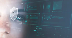 A futuristic digital display featuring various data graphs, security icons, and a blue and black tech-inspired interface.