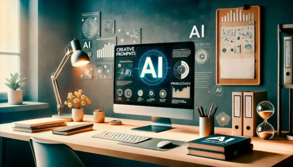 A modern workspace featuring a computer displaying AI graphics, plants, books, and an hourglass, emphasizing creativity and productivity.