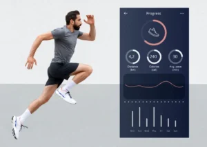 A man in athletic gear runs energetically, alongside an app display showing his running progress: distance, calories burned, and average pace.