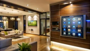 A modern living room featuring sleek furniture, a mounted TV displaying smart features, and stylish lighting.